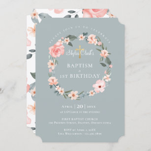 Watercolor Rose Floral Wreath Baptism 1st Birthday Invitation