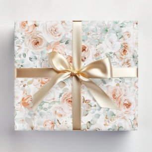 Watercolor Rose Flower Eucalyptus Leaves Floral Wrapping Paper