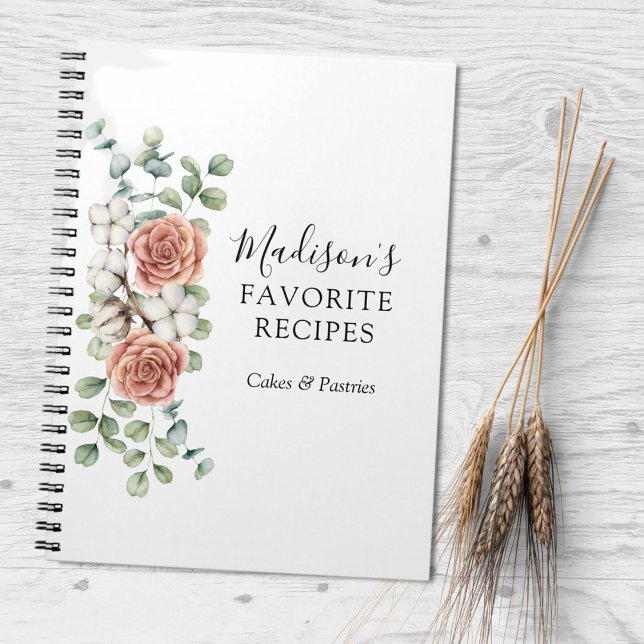 Watercolor Rose Flower Eucalyptus Leaves Recipe Notebook (In situ)