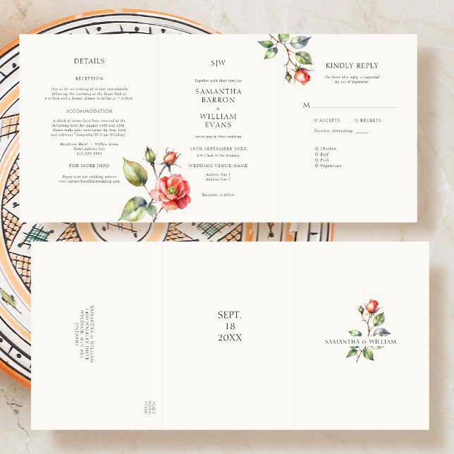 Watercolor Rose flower Wedding Tri-Fold Invitation (Creator Uploaded)