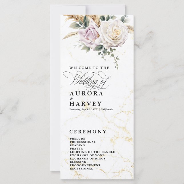 Watercolor Rose Flowers Elegant Wedding Program (Front)