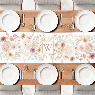 Watercolor Rose Garden Elegant Monogram Floral Short Table Runner