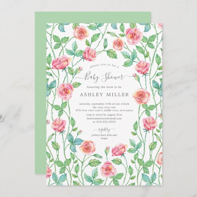 Watercolor Rose Garden Floral Baby Shower Invitation (Front/Back)