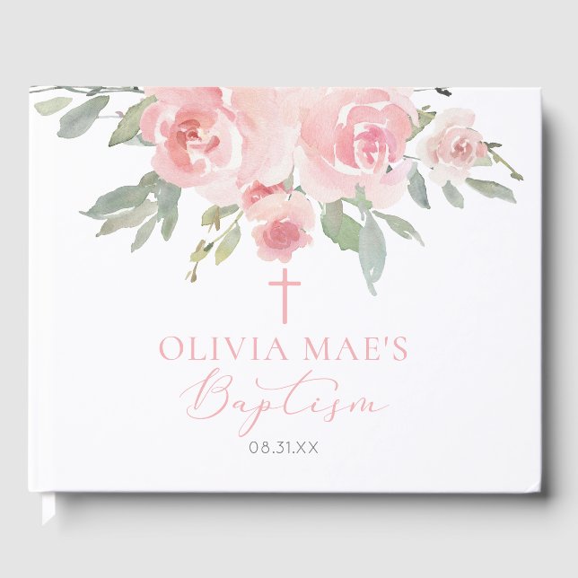 Watercolor Rose Garden Girl Baptism Guest Book (Front)