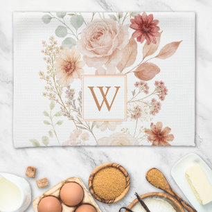 Watercolor Rose Garden Monogram Floral Tea Towel