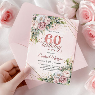 Watercolor Rose Gold Eucalyptus 60th Birthday Invitation
