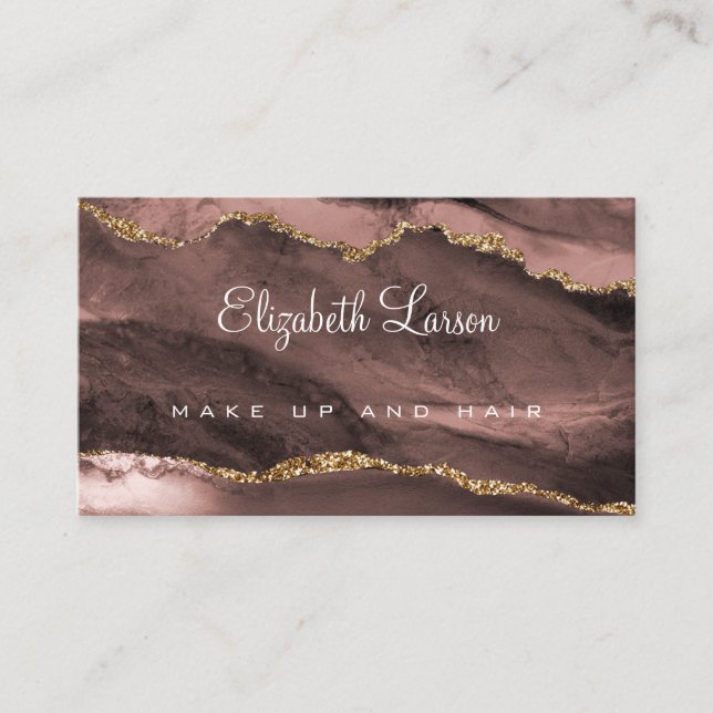 Watercolor Rose Gold Glitter Agate Makeup Artist Business Card (Front)