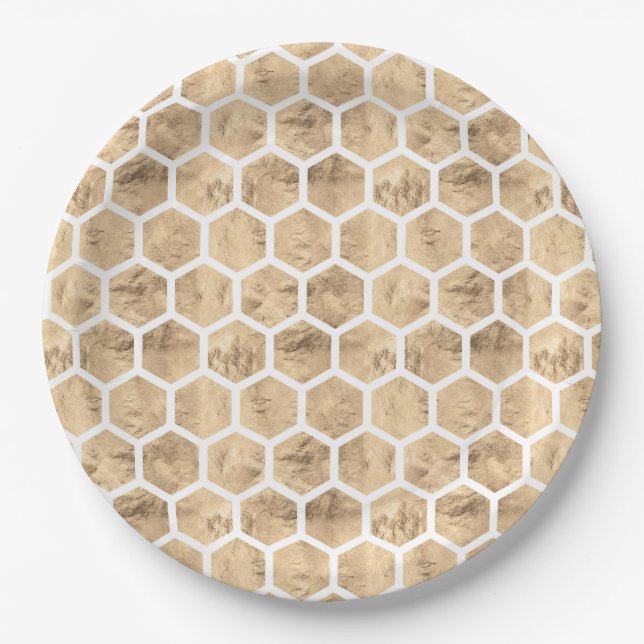 Watercolor rose gold honeycomb pattern paper plate (Front)