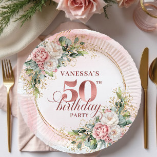 Watercolor Rose Gold White Peonies 50th Birthday  Paper Plate