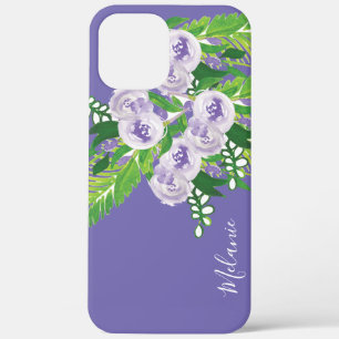 Watercolor Rose Greenery Purple Green Monogrammed iPhone 12 Pro Max Case