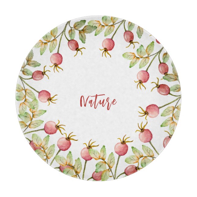 Watercolor rose hips cutting board (Front)