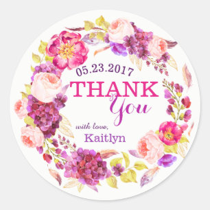 Watercolor Rose Hydrangea Floral Wreath Thank You Classic Round Sticker