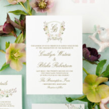 Watercolor Rose Hydrangea Wedding Crest Invitation