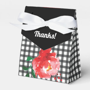 Watercolor Rose on Black White Check Tent Style Favour Box