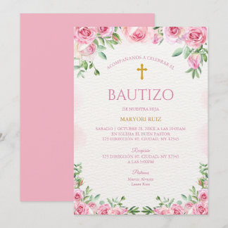 Watercolor Rose Pink Floral Girl Baptism Invitation