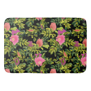 Watercolor rose pink flowers botanical floral retr bath mat