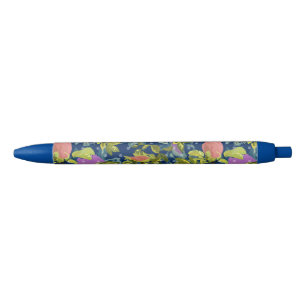 Watercolor rose pink flowers botanical floral retr black ink pen