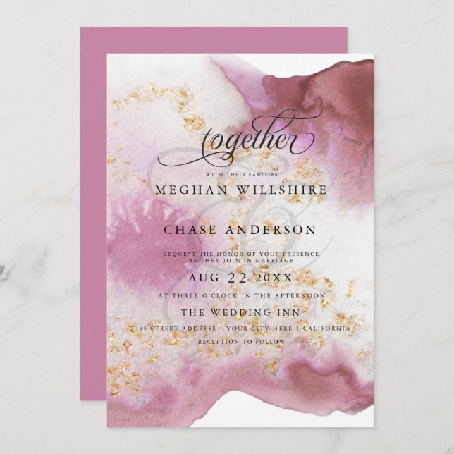 Watercolor Rose Quartz Gold Geode BarefootBride™ Invitation (Front/Back)