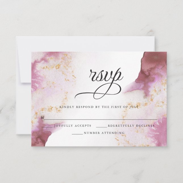 Watercolor Rose Quartz Gold Geode BarefootBride™ RSVP Card (Front)