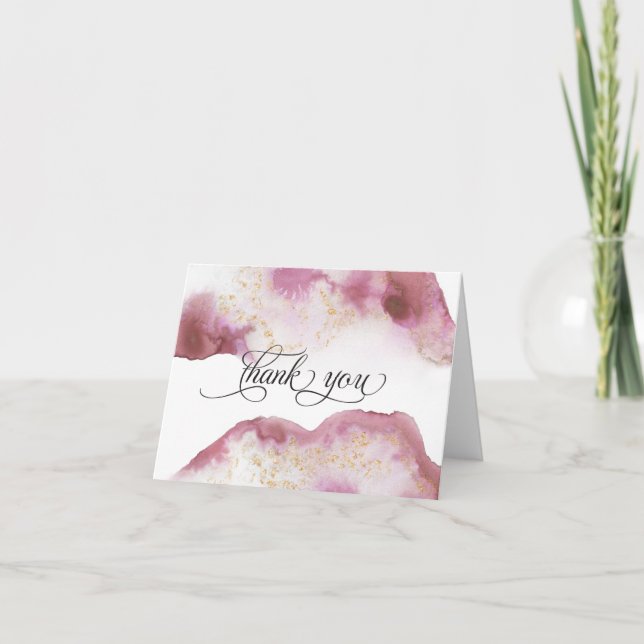 Watercolor Rose Quartz Gold Geode BarefootBride™ Thank You Card (Front)