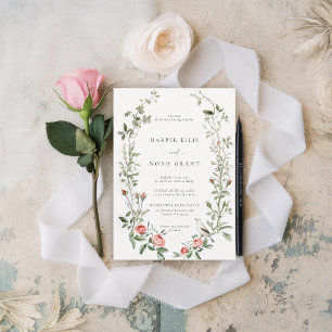 Watercolor Rose Vine Bird Cottage Chic Wedding Invitation