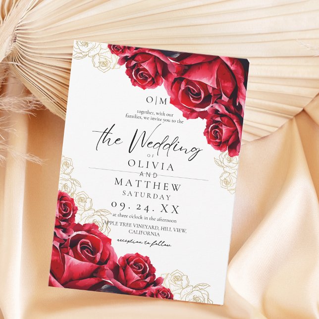 Watercolor Rose Wedding Burgundy Gold Invitation (Creator Uploaded)