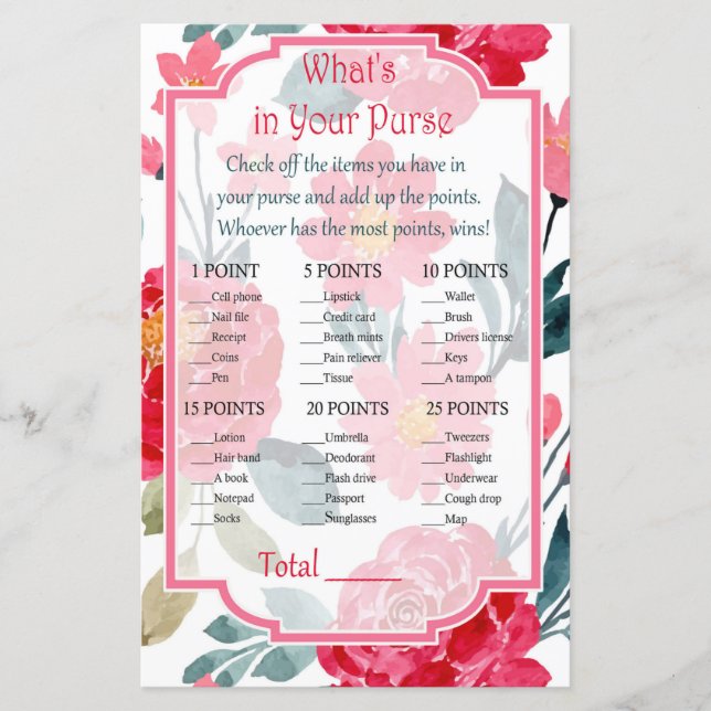 Watercolor rose What's in your purse game (Front)