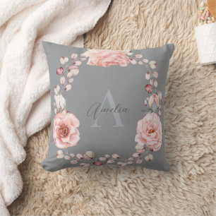 Watercolor Rose Wreath Personalised   Grey Cushion