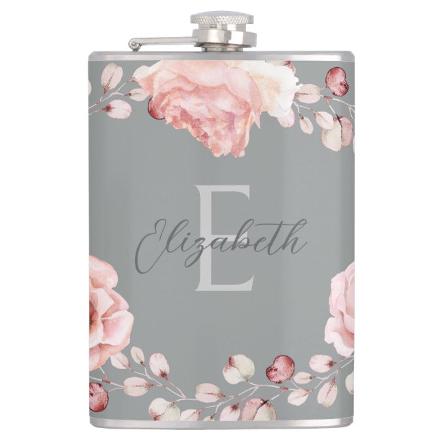 Watercolor Rose Wreath Personalised | Grey Hip Flask (Front)