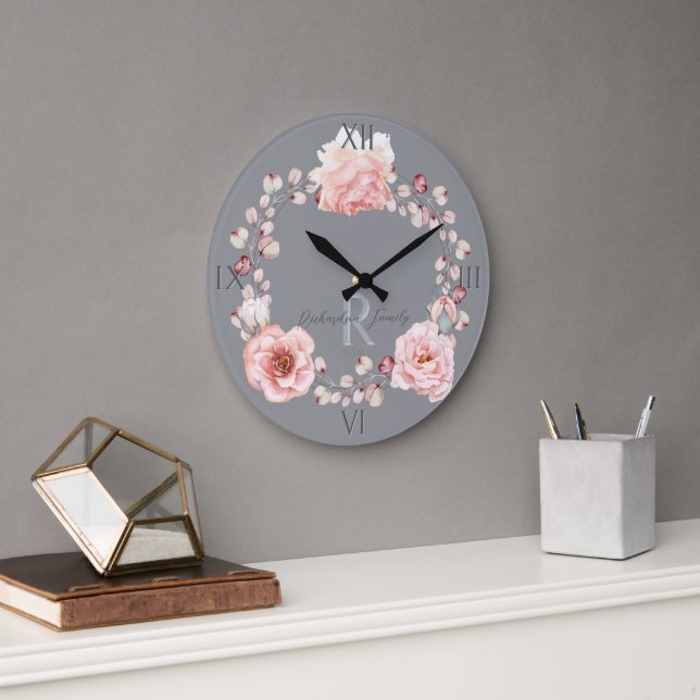 Watercolor Rose Wreath Personalised | Grey Large Clock (Office)
