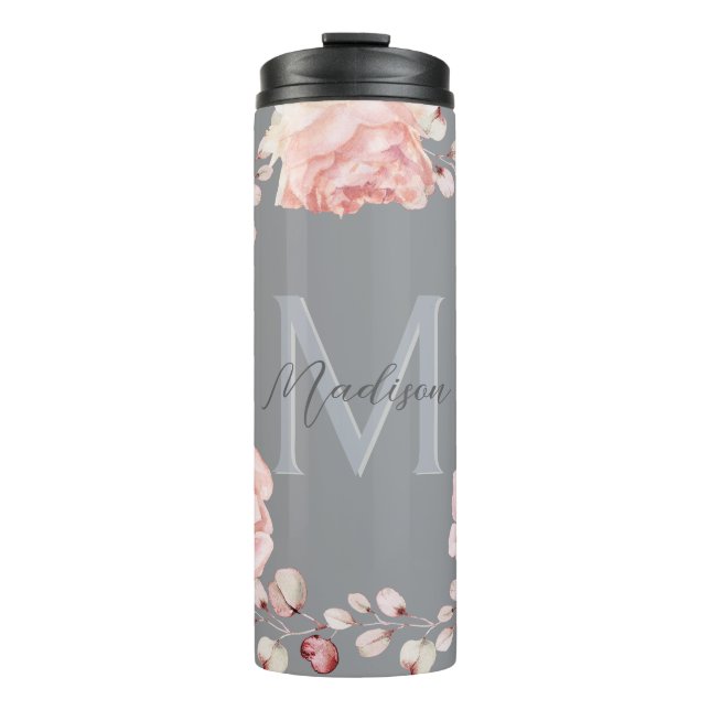 Watercolor Rose Wreath Personalised | Grey Thermal Tumbler (Front)