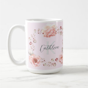 Watercolor Rose Wreath Personalised   Pink Coffee Mug