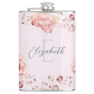 Watercolor Rose Wreath Personalised Pink Hip Flask