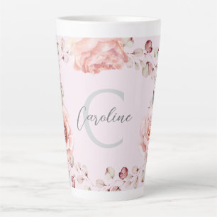 Watercolor Rose Wreath Personalised Pink Latte Mug