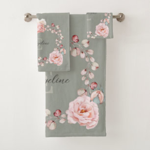 Watercolor Rose Wreath Personalised   Sage Green Bath Towel Set