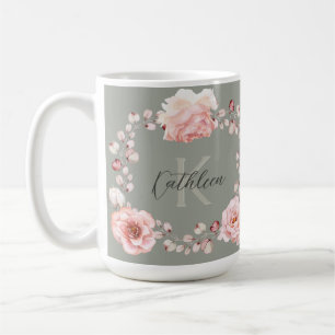 Watercolor Rose Wreath Personalised   Sage Green Coffee Mug