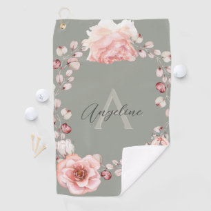 Watercolor Rose Wreath Personalised Sage Green Golf Towel