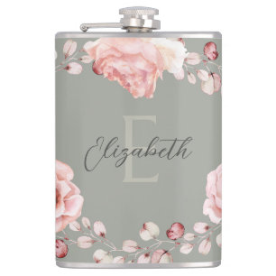 Watercolor Rose Wreath Personalised   Sage Green Hip Flask