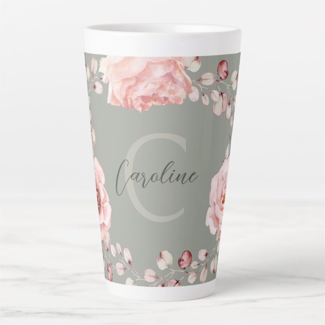 Watercolor Rose Wreath Personalised | Sage Green Latte Mug (Front)