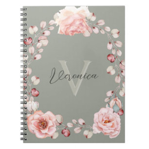 Watercolor Rose Wreath Personalised Sage Green Notebook