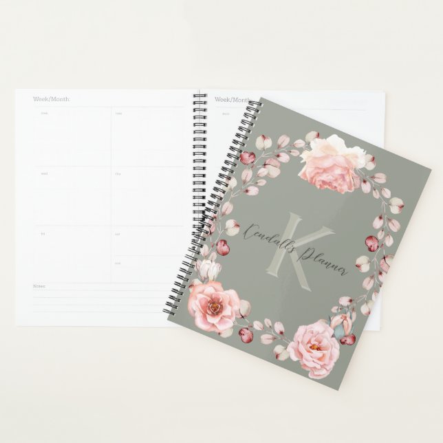 Watercolor Rose Wreath Personalised | Sage Green Planner (Display)