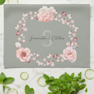 Watercolor Rose Wreath Personalised Sage Green Tea Towel