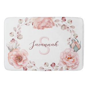 Watercolor Rose Wreath Personalised White Bath Mat