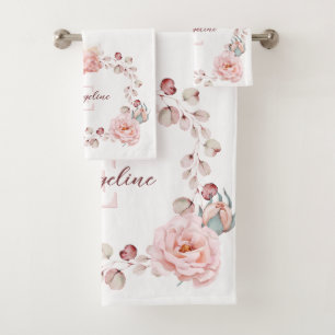 Watercolor Rose Wreath Personalised White Bath Towel Set