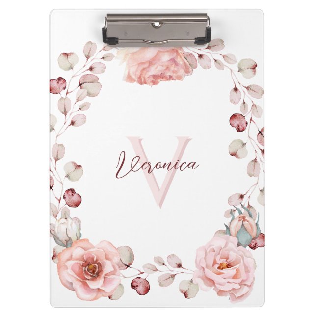 Watercolor Rose Wreath Personalised | White Clipboard (Front)