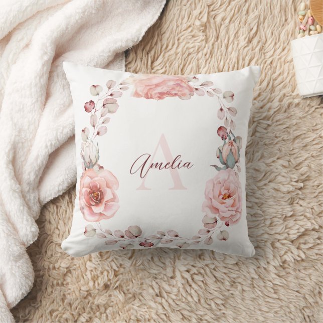 Watercolor Rose Wreath Personalised | White Cushion (Blanket)