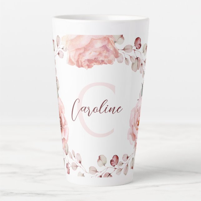 Watercolor Rose Wreath Personalised | White Latte Mug (Front)