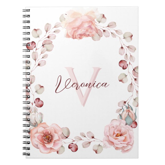 Watercolor Rose Wreath Personalised | White Notebook (Front)