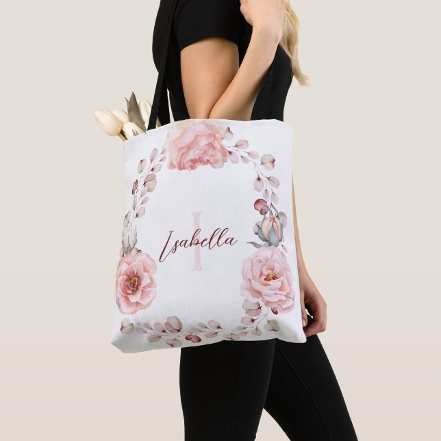 Watercolor Rose Wreath Personalised | White Tote Bag (Close Up)