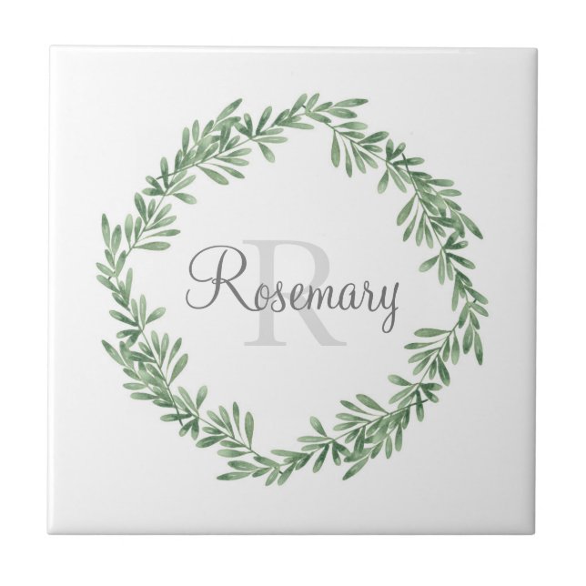 Watercolor Rosemary Wreath Ceramic Tile (Front)